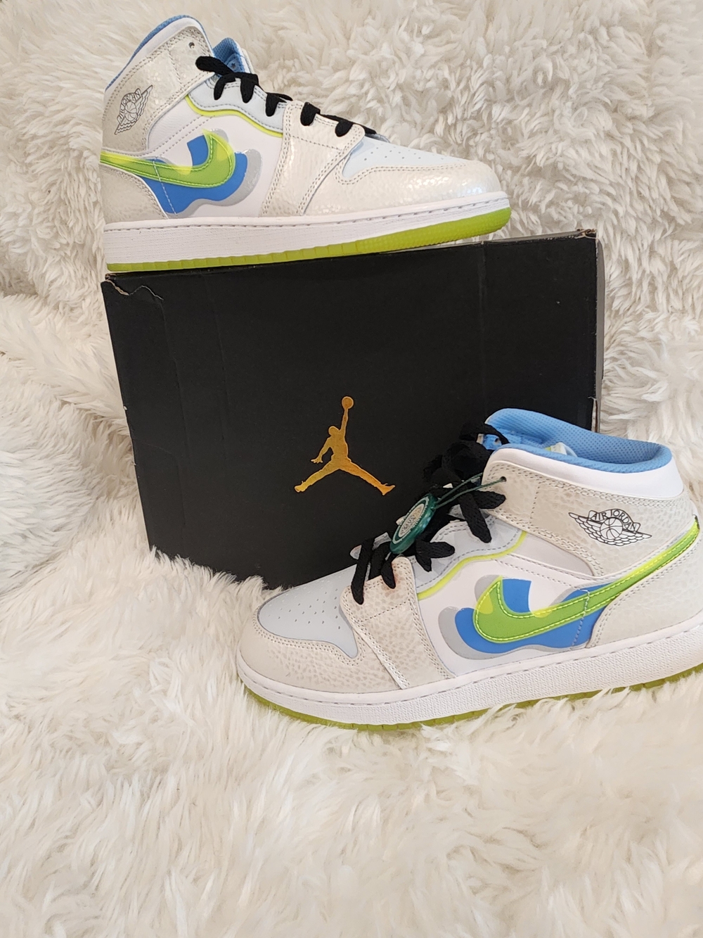 Air Jordan Kids' High-Top Sneakers in White, Blue & Lime